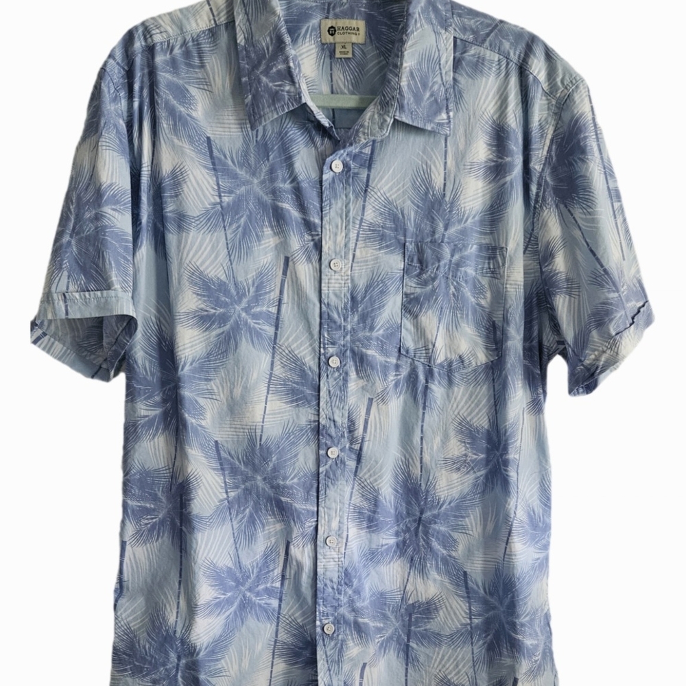 Blue Palm Print Men's Casual Button Down Shirt